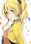  &gt;:) akit_(15jamjam) ayase_eli bad_id bad_twitter_id blonde_hair blue_eyes confetti earrings from_side jewelry looking_to_the_side love_live! love_live!_school_idol_project ponytail smile solo spade_earrings upper_body v-shaped_eyebrows 