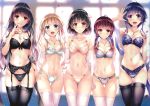  5girls absurdres bangs black_legwear black_panties blonde_hair blush bra breasts brown_hair cameltoe cleavage collarbone elbow_gloves garter_belt garter_straps gloves hair_ornament hashima_izumi highres huge_filesize hyoudou_michiru indoors jewelry kasumigaoka_utaha katou_megumi lingerie long_hair looking_at_viewer medium_breasts misaki_kurehito multiple_girls navel necklace open_mouth panties saenai_heroine_no_sodatekata sawamura_spencer_eriri scan short_hair smile string_panties thighhighs tongue tongue_out underwear white_legwear white_panties 