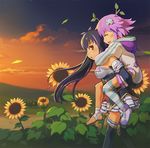  bandages bandaid black_hair carrying d-pad d-pad_hair_ornament flower hair_ornament hood hoodie leaf leaf_on_head multiple_girls neptune_(choujigen_game_neptune) neptune_(series) noire piggyback purple_hair red_eyes segamark shoes single_shoe striped striped_legwear sunflower sunset thighhighs twintails 