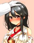  admiral_(kantai_collection) black_hair blush breasts choker commentary_request detached_sleeves gloves hair_ornament hairclip haruna_(kantai_collection) highres kantai_collection large_breasts long_hair no_headwear nontraditional_miko petting red_eyes smile solo_focus tsukui_kachou upper_body white_gloves 