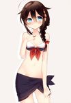  absurdres adapted_costume ahoge bikini black_hair blue_eyes blush braid breasts front-tie_top full-face_blush hair_over_shoulder highres kantai_collection naoto_(tulip) navel remodel_(kantai_collection) sarong shigure_(kantai_collection) single_braid small_breasts solo swimsuit 