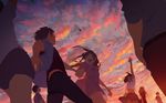  4girls commentary_request holding_hands long_hair multiple_boys multiple_girls open_mouth original p0ckylo short_hair smile sunset wind 