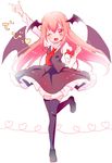  arm_up bat_wings black_legwear fang full_body head_wings heart koakuma long_hair long_sleeves looking_at_viewer necktie one_eye_closed open_mouth piano_(mymel0v) pointing red_eyes red_hair red_neckwear shoes skirt skirt_set smile solo standing standing_on_one_leg text_focus thighhighs touhou upskirt vest white_background wings zettai_ryouiki 