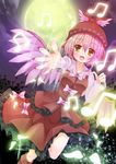  beamed_eighth_notes blush bow dress full_moon hat highres looking_at_viewer microphone moon music musical_note mystia_lorelei open_mouth pink_hair reaching_out short_hair singing smile snowcanvas solo sparkle touhou wings yellow_eyes 