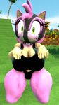amy_rose animal_mask anthro big_breasts bra breasts clothing collar eulipotyphlan female green_hill_zone hedgehog hi_res kneeling looking_at_viewer mammal mask name_tag panties potatermino pup_mask sega solo sonic_the_hedgehog_(series) spiked_collar spikes text thick_thighs translated underwear