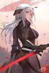  1girl 384muchimuchi armored_bodysuit ass black_bodysuit bodysuit breasts brown_bodysuit energy_sword goddess_of_victory:_nikke grey_bodysuit grey_hair highres holding holding_sword holding_weapon large_breasts lightsaber long_hair looking_at_viewer looking_back official_alternate_costume official_alternate_design open_mouth red_eyes red_lightsaber scarlet_(black_shadow)_(nikke) scarlet_(nikke) solo sword very_long_hair weapon 