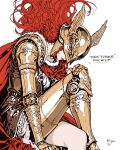  1girl arm_support armor cape elden_ring feet_out_of_frame floating_hair from_side gold_armor hand_on_own_knee head_down helmet highres inktober knee_up long_hair looking_down malenia_blade_of_miquella prosthesis prosthetic_arm prosthetic_leg red_cape shelovesbali simple_background sitting solo white_background winged_helmet 