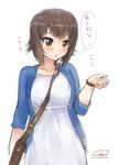  alternate_costume artist_name bag between_breasts blouse breasts brown_eyes casual dress girls_und_panzer handbag nishizumi_maho short_hair signature simple_background solo solokov_(okb-999) strap_cleavage sweatdrop translated watch white_background white_dress wristwatch 