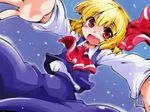  ascot blonde_hair fang hair_ribbon open_mouth outstretched_arms red_eyes ribbon rumia shinapuu short_hair smile solo touhou 