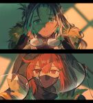  2girls absurdres arknights black_gloves black_hair black_jacket black_shirt chinese_commentary commentary_request crownslayer_(arknights) crying dopperu_ben feather_hair fingerless_gloves frown fur_collar gloves green_eyes highres holding holding_removed_eyewear hood hood_up jacket letterboxed looking_at_another mask mouth_mask multiple_girls parted_bangs red_eyes red_pupils shirt snegurochka_(arknights) unworn_eyewear 