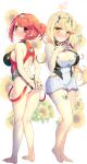  2girls alternate_hairstyle arms_behind_back ass back_cutout bare_arms bare_shoulders barefoot black_one-piece_swimsuit blonde_hair blush braid breasts cleavage cleavage_cutout closed_mouth clothing_cutout commentary_request dress earrings floral_background flower full_body gem green_gemstone heel_up highres jewelry large_breasts long_hair looking_at_viewer low-braided_long_hair low-tied_long_hair multiple_girls mythra_(xenoblade) no_gloves official_alternate_costume one-piece_swimsuit ponytail pyra_(pro_swimmer)_(xenoblade) pyra_(xenoblade) red_eyes red_hair short_dress short_hair standing steepled_fingers sunflower swimsuit thigh_strap tiara watsuki_ayamo white_background white_dress xenoblade_chronicles_(series) xenoblade_chronicles_2 yellow_eyes 