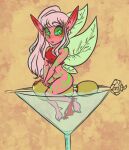 alcohol beverage bukopanda clothing clothing_aside cocktail_glass container cup drinking_glass fairy female food freckled_arms freckled_face freckled_hips freckles glass glass_container glass_cup green_eyes green_sclera hair humanoid humanoid_pointy_ears pear-shaped_figure pink_hair pinup pointy_ears pose solo swimwear swimwear_aside tattoo toothpick wide_hips womb_tattoo