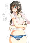  aqua_eyes black_hair blue_panties blush breasts covered_nipples cowboy_shot idolmaster idolmaster_cinderella_girls kojima_saya large_breasts long_hair looking_away navel nipples panties see-through shibuya_rin shirt solo sweat thigh_gap towel towel_around_neck translation_request underwear undressing wet wet_clothes wet_shirt white_background 