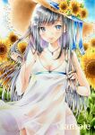  1girl black_hair blue_ribbon breasts cleavage closed_mouth collarbone colorful commentary_request cow day dress field flower flower_field hands_up hat hat_flower hat_ribbon highres holding holding_own_hair jewelry large_breasts light_blush light_smile long_hair looking_at_viewer marker_(medium) multicolored_eyes necklace original outdoors panties parted_bangs pink_panties ribbon sample_watermark see-through_clothes see-through_dress sleeveless sleeveless_dress solo straight_hair straw_hat summer sundress sunflower sunflower_field swept_bangs tentekomai_(tenteko0214) traditional_media underwear watermark white_dress yellow_flower 