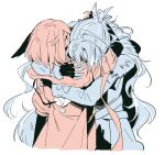  2girls animal_ears arknights chinese_commentary coat comforting commentary_request cropped_legs crownslayer_(arknights) dopperu_ben feather_hair fingerless_gloves fur-trimmed_coat fur_trim gloves hand_up head_on_another's_shoulder highres hug limited_palette long_hair long_sleeves multiple_girls multiple_monochrome short_hair short_sleeves simple_background snegurochka_(arknights) white_background 