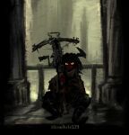 black_hair black_teeth boots border bracketsxxx building cleft_lip clip_studio_paint_(artwork) cloak clothing crossbow demon detailed_background digital_media_(artwork) digital_painting_(artwork) female footwear hair holding_object holding_weapon horn humanoid imp looking_at_viewer painting_(artwork) pillar pupils railing ranged_weapon red_body red_sclera scales shoes short_stack signature sitting slit_pupils smile smiling_at_viewer solo spider_web teeth weapon wraps yellow_eyes