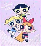  ayu_(mog) black_hair blonde_hair blossom_(ppg) blue_eyes bow bubbles_(ppg) buttercup_(ppg) copyright_name english green_eyes hair_bow long_hair multiple_girls open_mouth orange_hair pantyhose powerpuff_girls red_eyes shoes smile twintails 