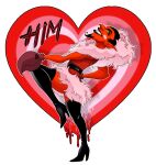  1boy belt black_belt black_hair black_thighhighs blueharuka boots colored_skin crab_claw demon demon_boy dress english_text evil_smile facial_hair from_side fur-trimmed_collar fur_trim goatee hair_slicked_back heart heart_background high_heel_boots high_heels highres him_(powerpuff_girls) looking_at_viewer male_focus melting pink_background pink_fur pointy_ears powerpuff_girls red_background red_dress red_skin sleeveless smile solo teeth thigh_boots thighhighs white_background widow&#039;s_peak 