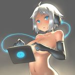  aaaa black_gloves blue_eyes blush breasts cable choker elbow_gloves gloves grey_background headphones highres large_breasts navel open_mouth original short_hair simple_background solo white_hair 