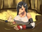  breast_rest breasts brown_eyes bursting_breasts cave cleavage cloud_strife elbow_gloves final_fantasy final_fantasy_vii gloves gradient gradient_background huge_breasts open_mouth tank_top tenji tifa_lockhart 