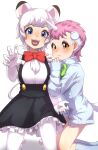  2girls absurdres animal_ears blue_eyes bow bowtie claw_pose closed_mouth collared_shirt creator_connection crossover dress elbow_gloves extra_ears fangs frilled_dress frills gloves green_bow green_bowtie grey_hair hand_up hands_up highres horns jungle_taitei kemono_friends kemono_friends_3 kneeling leo_(jungle_taitei) leo_(kemono_friends) lion_ears lion_girl lion_tail long_sleeves looking_at_viewer multicolored_hair multiple_girls no_pants open_mouth pantyhose pink_hair red_bow red_bowtie shirt short_hair simple_background single_horn sleeveless sleeveless_shirt sleeves_past_wrists smile socks tail thin_(suzuneya) tongue two-tone_hair undercut unico unico_(character) unico_(kemono_friends) unicorn_horn white_background white_gloves white_hair white_pantyhose wing_collar yellow_eyes 