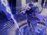  1boy absurdres antenna_hair back black_coat black_gloves blue_hair bow_(music) coat flins_(genshin_impact) genshin_impact gloves gradient_hair hair_between_eyes highres holding holding_bow_(music) holding_instrument holding_violin instrument long_hair long_sleeves male_focus multicolored_hair music musical_staff pants playing_instrument spriiiiiiing standing violin 