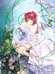  1girl blue_eyes copyright_notice demon_girl demon_horns demon_wings dress elbow_gloves frilled_dress frills gloves heterochromia horns looking_at_viewer medium_hair nijisanji official_art open_mouth ori_simo red_eyes red_hair smile solo thorns two_side_up wedding_dress white_dress white_gloves wings wixoss yuzuki_roa 