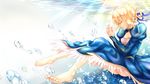  artoria_pendragon_(all) bad_id bad_pixiv_id blonde_hair blue_dress bow closed_eyes dress fate/stay_night fate_(series) hair_bow highres light_rays saber shoujo_donburi solo sunbeam sunlight water 