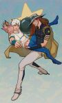  2boys absurdres aiming aiming_at_viewer ball black_bridal_gauntlets blonde_hair blue_eyes blue_pants bridal_gauntlets brown_cape brown_hair cape commentary_request cowboy_hat facial_hair goggles goggles_on_headwear green_eyes green_lips gyro_zeppeli hair_through_headwear hat highres holding holding_ball holster hood hoodie horseshoe_hat_ornament horseshoe_ornament johnny_joestar jojo_no_kimyou_na_bouken long_hair male_focus midriff multiple_boys navel pants parted_lips short_sleeves skyfiss spurs stand_(jojo) star_(symbol) star_print steel_ball_run tusk_(stand) tusk_act1 white_hat white_pants 