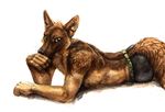  2015 anthro boxer_briefs brown_fur canine clothed clothing dog fur german_shepherd grey_eyes half-dressed kenket looking_back lying mammal on_front plain_background smile solo topless underwear white_background white_fur 