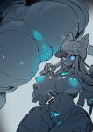  1girl absurdres anus ass blue_nipples blue_pussy blush breasts colored_nipples colored_pussy hat highres huge_ass humanoid_robot jetngs large_breasts limited_palette no_mouth original pussy robot thick_thighs thighs wet wide_hips 