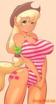 anthro anthrofied applejack_(mlp) big_breasts blonde_hair breasts clothed clothing cutie_mark earth_pony equine erect_nipples female freckles friendship_is_magic hair hat horse kinkypinkink mammal my_little_pony nipple_piercing nipples piercing plain_background pony skimpy solo swimsuit wet 