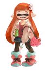  absurdres alternate_costume boots can closed_eyes commentary_request dango domino_mask eyebrows fangs food hair_ornament hairpin highres hood hoodie inkling jajji-kun_(splatoon) mask minato_(minat0) monster_girl orange_(color) pantyhose pointy_ears simple_background skirt smile soda_can splatoon_(series) splatoon_1 tentacles thick_eyebrows wagashi white_background 
