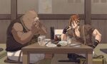  2boys after_meal animal_ears anton_ivanov bear_boy bear_ears beer_mug ben_bigger black_hair black_shirt black_tank_top brown_fur chopsticks closed_eyes commentary_request cup furry furry_male goya_1231 grin highres indian_style looking_at_another male_focus mug multicolored_hair multiple_boys pants plate shirt sitting smile streaked_hair suspenders tank_top tatami toothpick white_pants zenless_zone_zero 