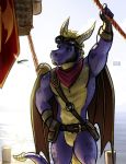  anthro arthropod bandanna belt bgn biceps clothing docks dragon dragonfly eyewear facial_hair featureless_crotch gloves goatee goggles hand_on_hip holding_object horn insect male mostly_nude muscular muscular_male pecs pouch purple_skin scales sideburns smile solo sparx spyro spyro_reignited_trilogy spyro_the_dragon standing video_games water yellow_scales 