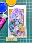  1girl braid brushing butler clorica_(rune_factory) corset female_butler hair_between_eyes haruno_(harunok121) holding holding_stuffed_toy juliet_sleeves long_hair long_sleeves open_mouth photo_(medium) puffy_sleeves purple_corset purple_hair rune_factory rune_factory_4 sleeping solo stuffed_animal stuffed_toy teddy_bear twin_braids upper_body 