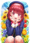  1girl :d absurdres arima_kana blue_flower blue_hat blue_jacket commentary fangs floral_background flower happy hat hat_ribbon highres jacket light_blush looking_at_viewer nonoa-cg open_mouth orange_flower oshi_no_ko red_eyes red_flower red_hair red_tulip ribbon school_uniform short_hair smile solo sunflower tulip yellow_flower youtou_high_school_uniform 
