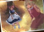  2girls aki_shizuha autumn autumn_leaves blonde_hair blue_skirt blurry bobby_socks hair_ornament japanese_clothes kimono leaf leaf_hair_ornament multiple_girls onozuka_komachi puffy_short_sleeves puffy_sleeves red_shirt red_skirt shirt short_hair short_sleeves short_twintails shukinuko skirt sleeping socks touhou tree twintails v 