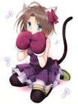  :o animal_ears blue_eyes bow brown_hair cat_ears cat_paws cat_tail dress eighth_note full_body gloves hair_bow looking_at_viewer mary_janes merc_storia mito_(maru) musical_note neneko_(battle_cats) nyanko_daisensou paws purple_dress shoes short_hair simple_background sitting solo tail thighhighs wariza 
