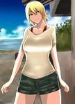  allison_(summer_lesson) bad_id bad_pixiv_id blonde_hair breasts green_eyes koujun_(mugenzero) large_breasts short_hair short_shorts shorts smile solo summer_lesson thighs 