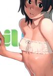 1girl bandeau bare_shoulders black_eyes black_hair flat_chest looking_at_viewer midriff navel simple_background takamichi 