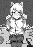  akairiot animal_ears artist_name bad_id bad_tumblr_id bdsm blush breasts cat_ears collar eyelashes full-face_blush greyscale highres inverted_nipples leash looking_at_viewer medium_breasts monochrome navel nipples nude original paw_pose pet_play screentones seiza sitting solo striped striped_legwear thighhighs 