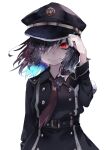  1girl absurdres adjusting_clothes adjusting_headwear alternate_costume alternate_eye_color alternate_headwear armband belt black_belt black_collar black_hair bow buttons collar hair_bow hand_on_own_hat hat hexagram highres long_sleeves military_hat military_uniform muraryo necktie one_eye_covered red_eyes short_hair simple_background sleeve_cuffs smile solo touhou usami_renko white_armband white_background 