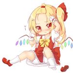  alternate_hairstyle blonde_hair blush closed_mouth commentary fang flandre_scarlet forehead full_body kisa_(k_isa) mary_janes red_eyes shoes short_hair short_sleeves side_ponytail simple_background single_shoe solo touhou wavy_mouth white_background white_legwear wings wrist_cuffs 