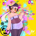  1girl bare_shoulders blush breasts callie_(splatoon) callie_(summer_nights)_(splatoon) citrusdemon cleavage english_text inkling inkling_girl inkling_player_character see-through_clothes sideboob splatoon_(series) tentacle_hair 