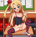  1girl arm_support bar_censor bare_arms bare_shoulders blonde_hair blue_eyes blush bottomless bow censored classroom collarbone desk erection hair_bow hair_ornament kerokero00frog legs long_hair looking_at_viewer newhalf nipple_slip nipples off_shoulder on_table open_mouth panties panties_around_leg penis pointless_censoring randoseru ribbon school_desk shoes sitting small_breasts solo spread_legs spread_toes strap_slip striped striped_legwear table tank_top teeth testicles thighhighs thighs tongue underwear 