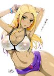  blonde_hair bracelet breasts cleavage covered_nipples dark_skin earrings jewelry kojima_saya large_breasts long_hair looking_at_viewer midriff navel nipples original see-through simple_background solo sweat translated wet white_background yellow_eyes 