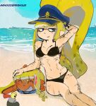  2girls agent_3_(splatoon) agent_3_(splatoon_3) beach bra breasts cleavage english_commentary highres inkling inkling_girl inkling_player_character midriff multiple_girls panties sand sketch smallfry_(splatoon) snoozieperhour splatoon_(series) tan tentacle_hair underwear water 