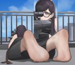  absurdres anti-materiel_rifle barefoot barrett_m82 black_gloves black_hair black_tank_top check_copyright copyright_request feet foot_focus glasses gloves gun highres looking_at_another lying minakata_hizuru pantyhose purple_eyes rifle rooftop sa-baaa scope sniper_rifle soles solo solo_focus summertime_render tank_top toe_scrunch toes unworn_pantyhose weapon 