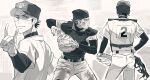  1boy ace_of_diamond ball baseball baseball_(object) baseball_cap baseball_helmet baseball_mitt baseball_uniform belt chest_protector closed_mouth commentary_request dirty dirty_clothes dirty_face fox_shadow_puppet goggles greyscale hat helmet highres looking_at_viewer male_focus miyuki_kazuya monochrome multiple_views pocket sato_(sato_1_11) short_hair sideburns sportswear sweat 